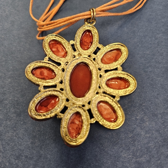 Multi Strand Short Necklace Large Reddish Orange Flower - Picture 3 of 4